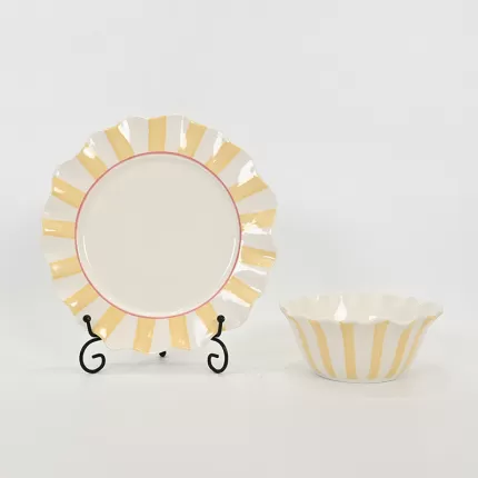 Striped Floral Bowl–cream yellow