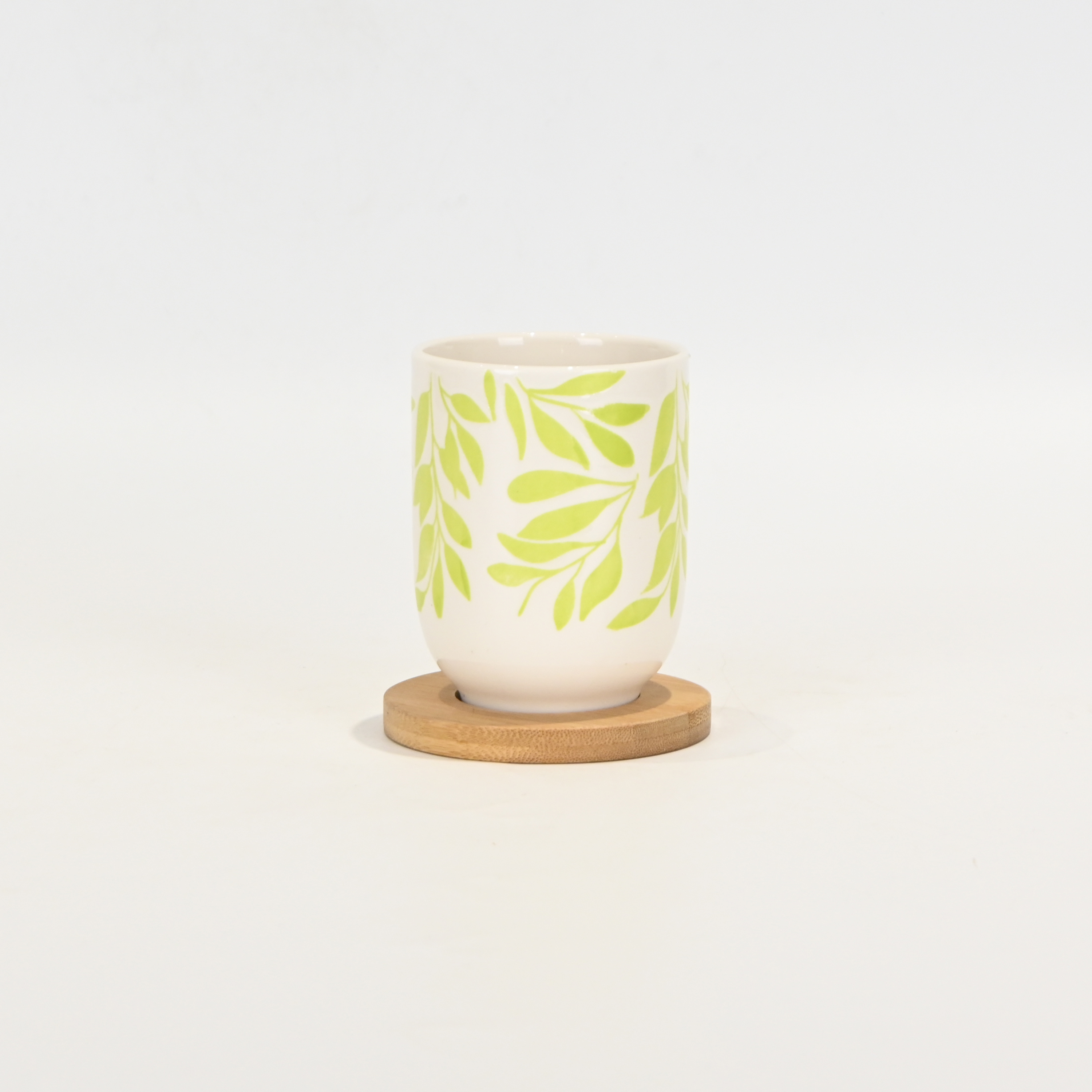 Green Foliage Cup with Wooden Coaster