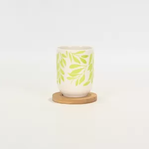 Green Foliage Cup with Wooden Coaster