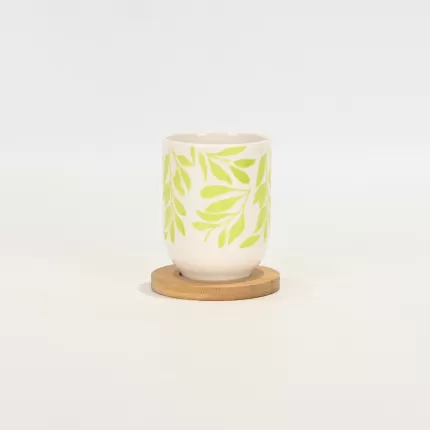 Green Foliage Cup with Wooden Coaster