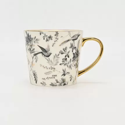 Gold-Ink Floral Bird Mug
