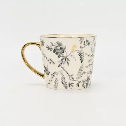 Gold-Ink Floral Bird Mug