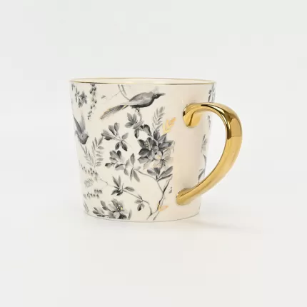 Gold-Ink Floral Bird Mug