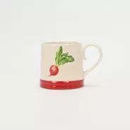 cherry radish mug, ceramic vegetable mug, kitchen garden mug, cute food mug, playful ceramic cup, garden-inspired drinkware, red accent mug, cozy coffee cup, fresh vegetable design mug, unique kitchen