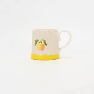 yellow bell pepper mug, vintage vegetable mug, rustic ceramic mug, farmhouse kitchen cup, autumn harvest mug, cozy coffee mug, dotted ceramic mug, seasonal drinkware, vegetable pattern mug, warm tone 
