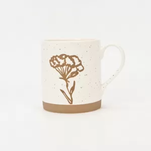 floral handle ceramic mug, nature-inspired coffee mug, botanical print ceramic cup, rustic clay texture mug, plant-themed tea mug, aesthetic nature mug