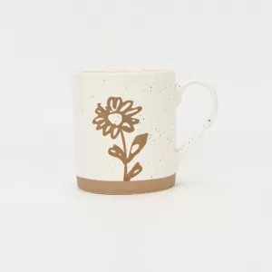 floral handle ceramic mug, nature-inspired coffee mug, botanical print ceramic cup, rustic clay texture mug, plant-themed tea mug, aesthetic nature mug
