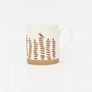 floral handle ceramic mug, nature-inspired coffee mug, botanical print ceramic cup, rustic clay texture mug, plant-themed tea mug, aesthetic nature mug