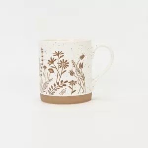 floral handle ceramic mug, nature-inspired coffee mug, botanical print ceramic cup, rustic clay texture mug, plant-themed tea mug, aesthetic nature mug