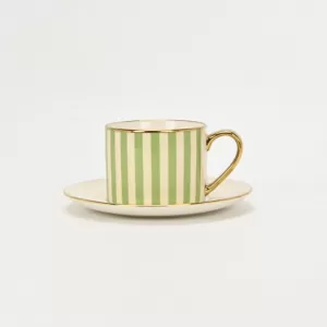 green striped mug, geometric mug and saucer, elegant ceramic cup set, modern coffee mug with saucer, green pattern drinkware, stylish mug and plate set, ceramic mug gift set, everyday coffee cup set, 