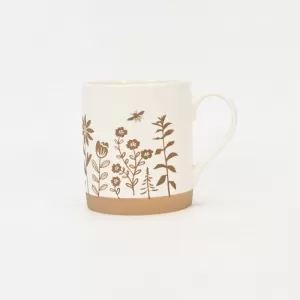 floral handle ceramic mug, nature-inspired coffee mug, botanical print ceramic cup, rustic clay texture mug, plant-themed tea mug, aesthetic nature mug