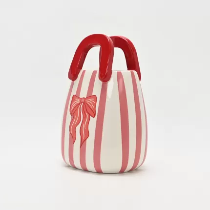 Stripe Bow Handle Vase-red&pink