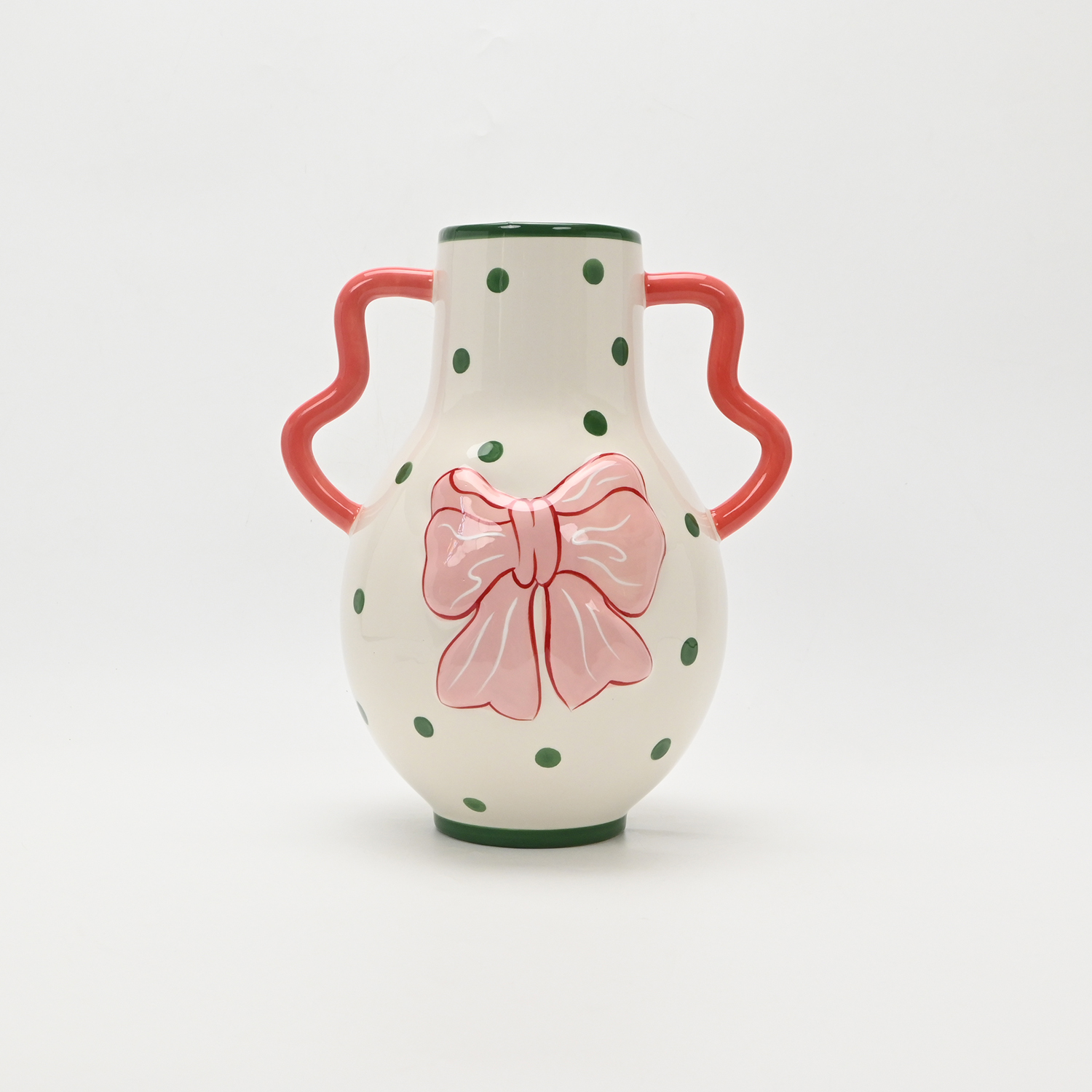 Polka Dot Bow Handle Vase-pink&green