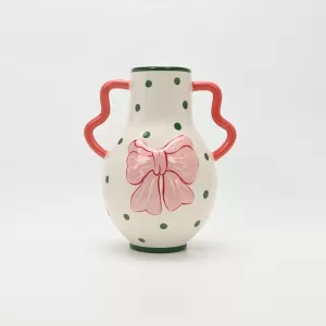 Polka Dot Bow Handle Vase-pink&green