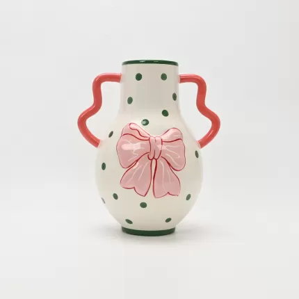 Polka Dot Bow Handle Vase-pink&green