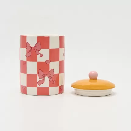 Checkerboard Heart Bow Jar-yellow&pink
